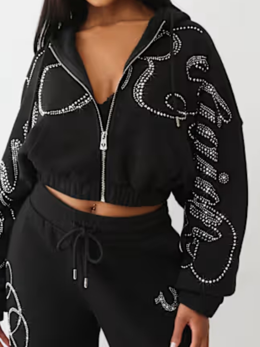 Rhinestone Accent Black Cropped Zip Hoodie -
